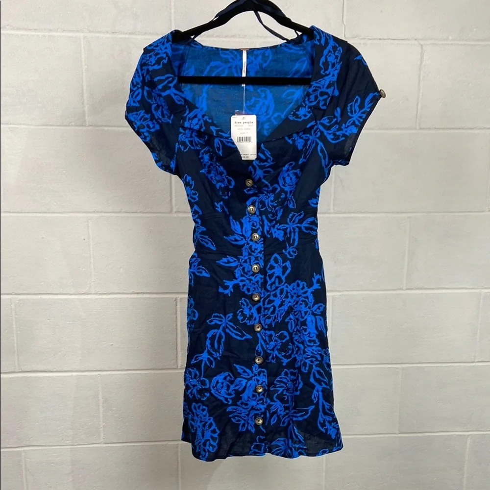 $128 NWT Free People A Thing Called Love Mini Dress Size‎ 6 Navy Combo Boho 90s